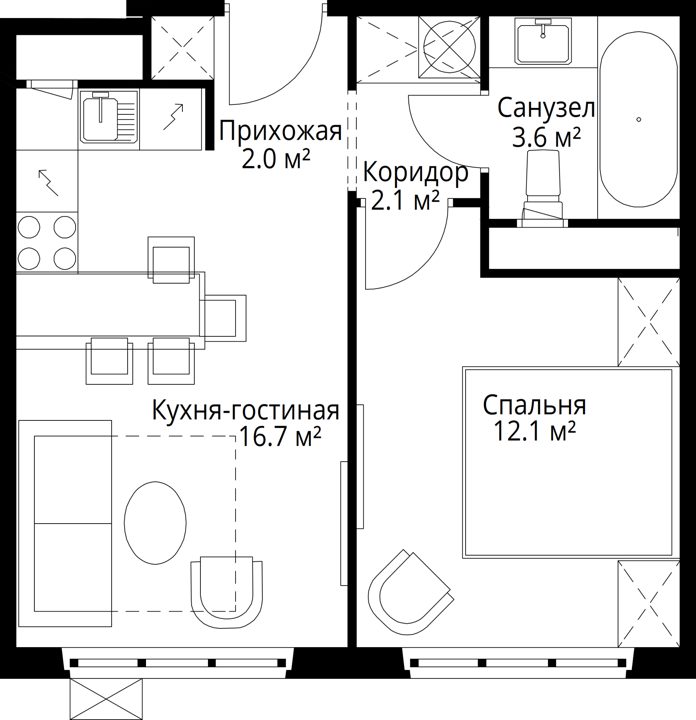 1-комнатная квартира, 36,5 м² — фото 1