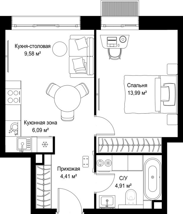 1-комнатная квартира, 39 м² — фото 1