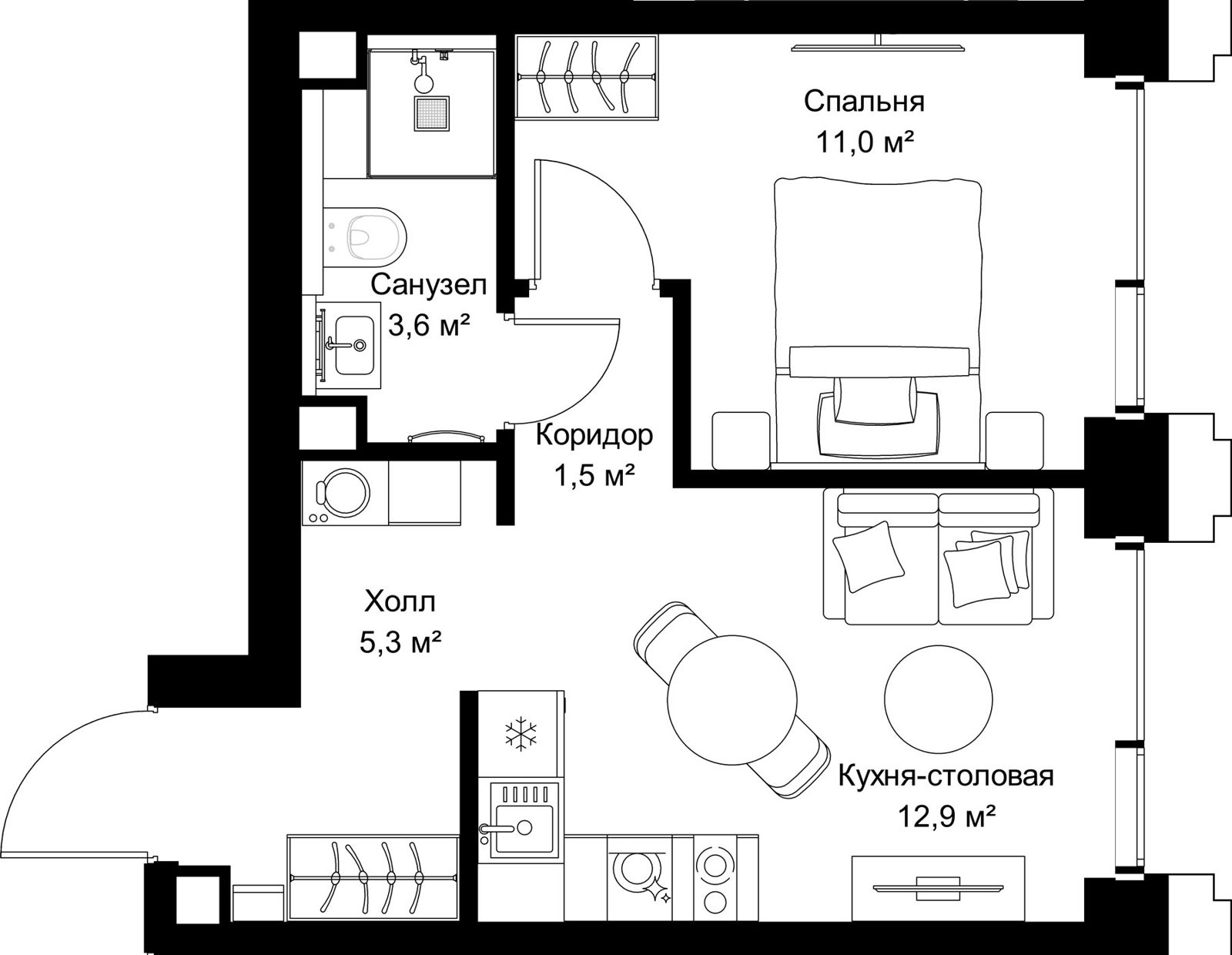 1-комнатная квартира, 34,3 м²