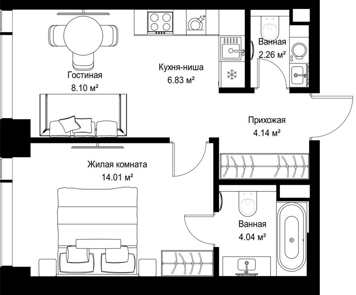 1-комнатная квартира, 39,4 м²