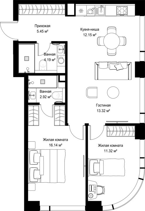 2-комнатная квартира, 65,5 м²