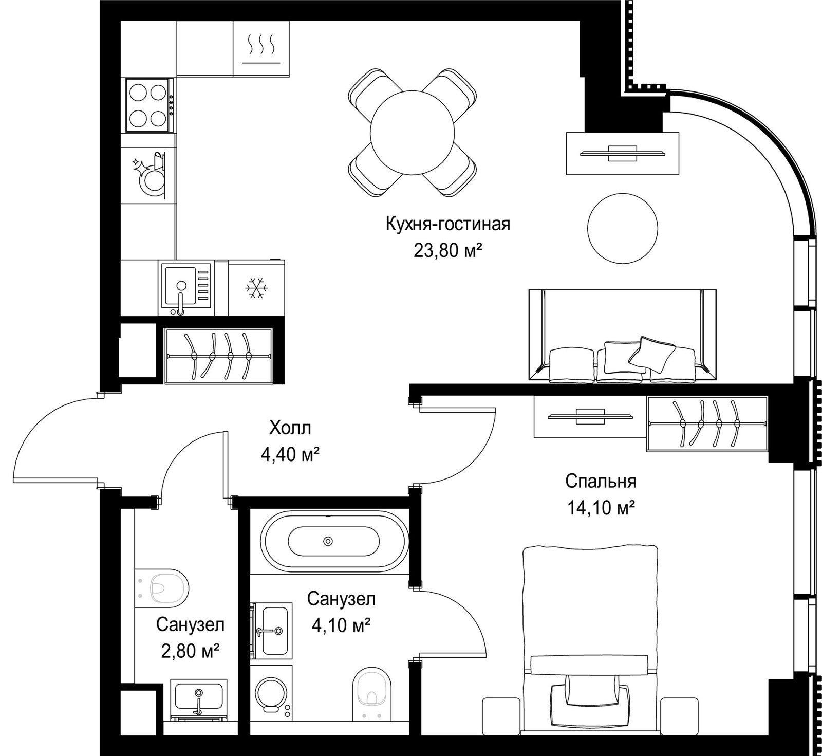 1-комнатная квартира, 49,2 м²