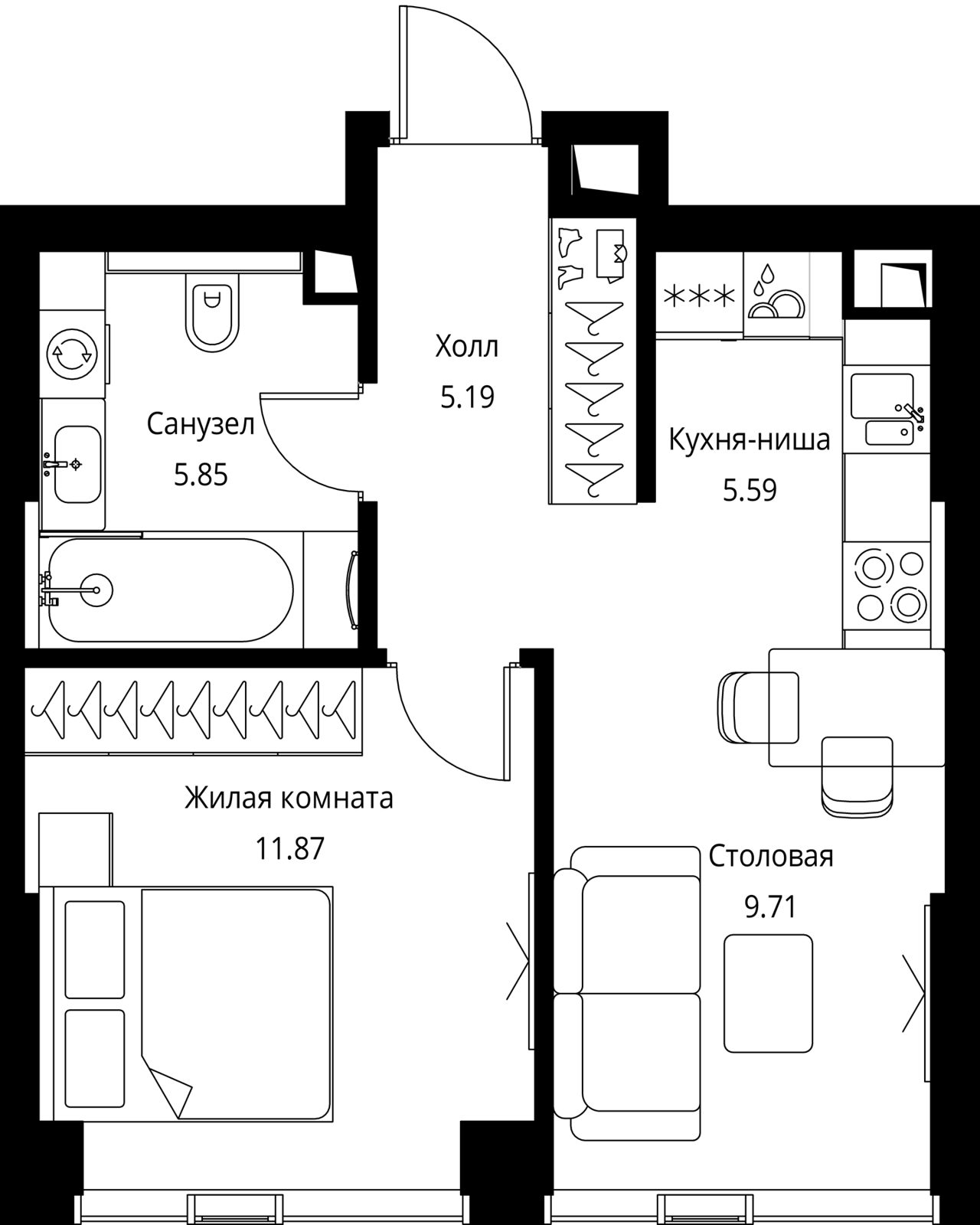 1-комнатная квартира, 38,2 м²
