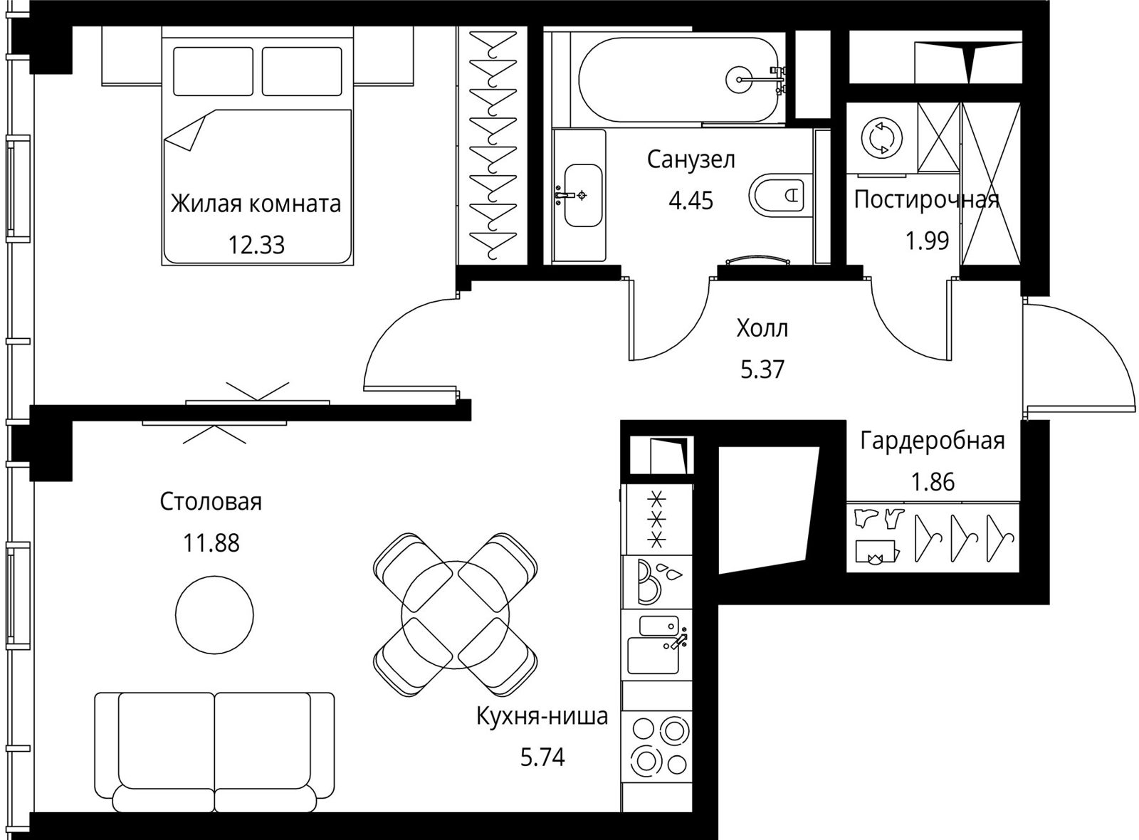 1-комнатная квартира, 43,6 м²