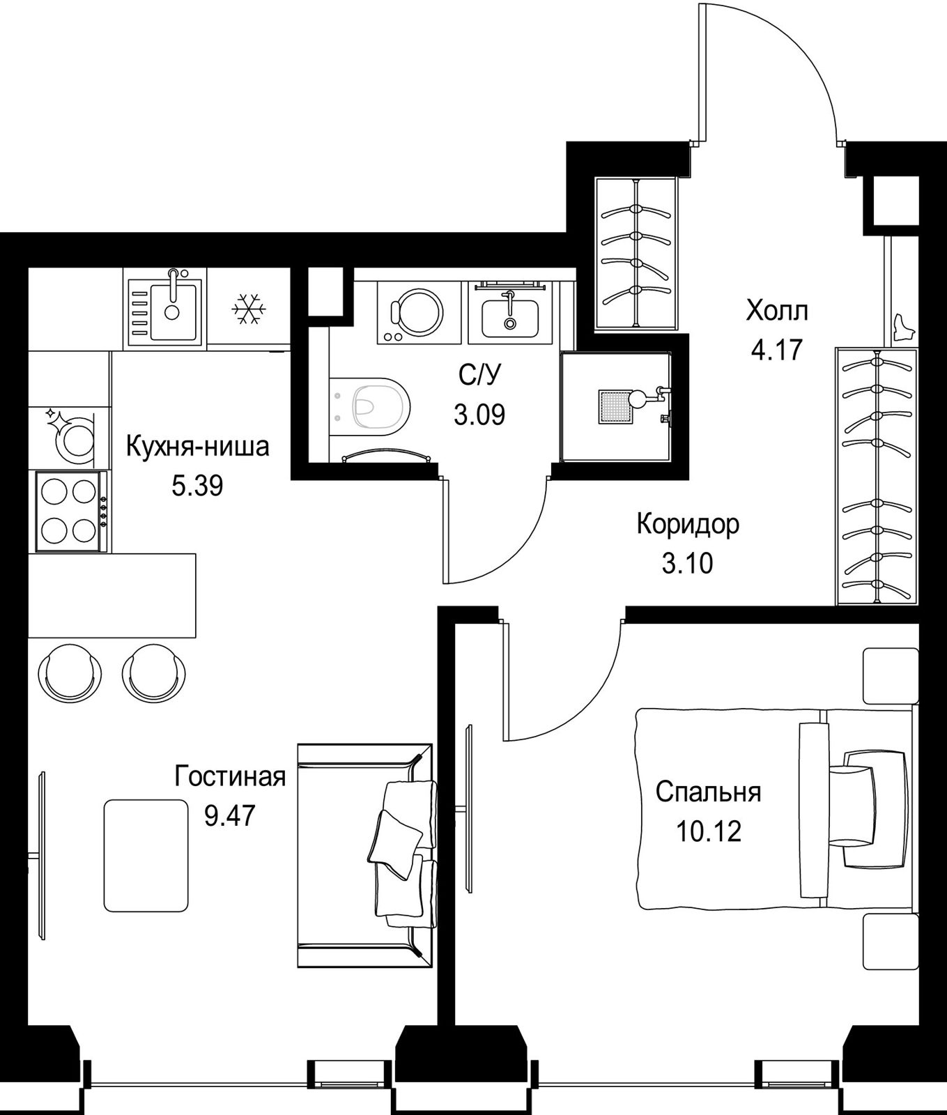 1-комнатная квартира, 35,3 м²