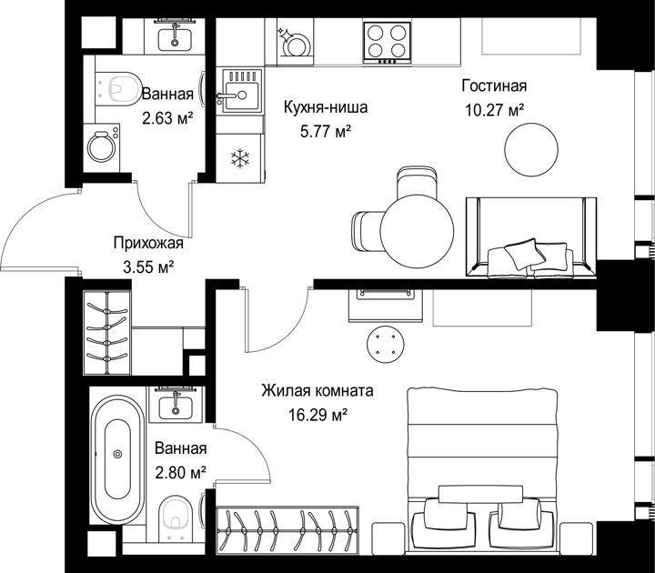 1-комнатная квартира, 41,3 м²