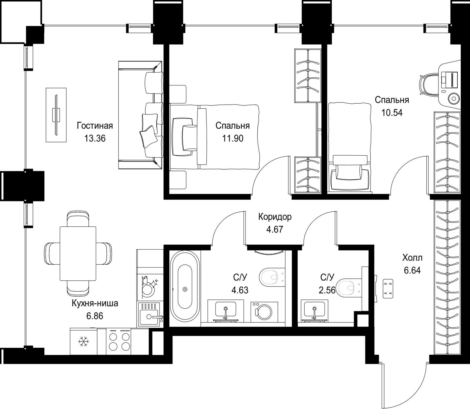 2-комнатная квартира, 61,2 м²