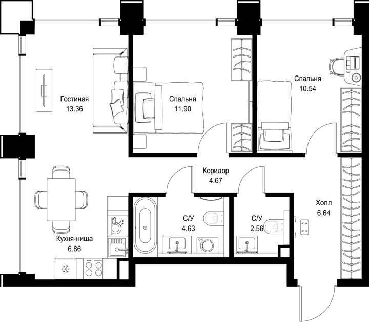 2-комнатная квартира, 61,2 м²