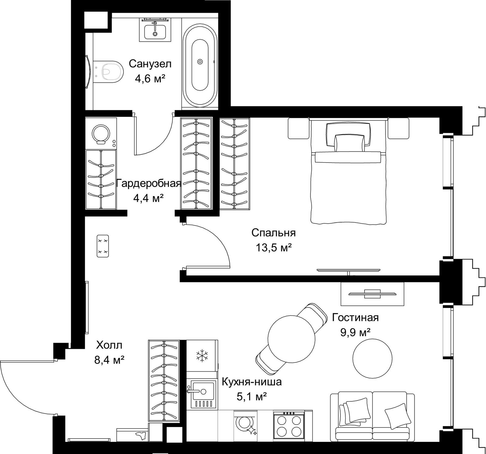 1-комнатная квартира, 45,9 м²