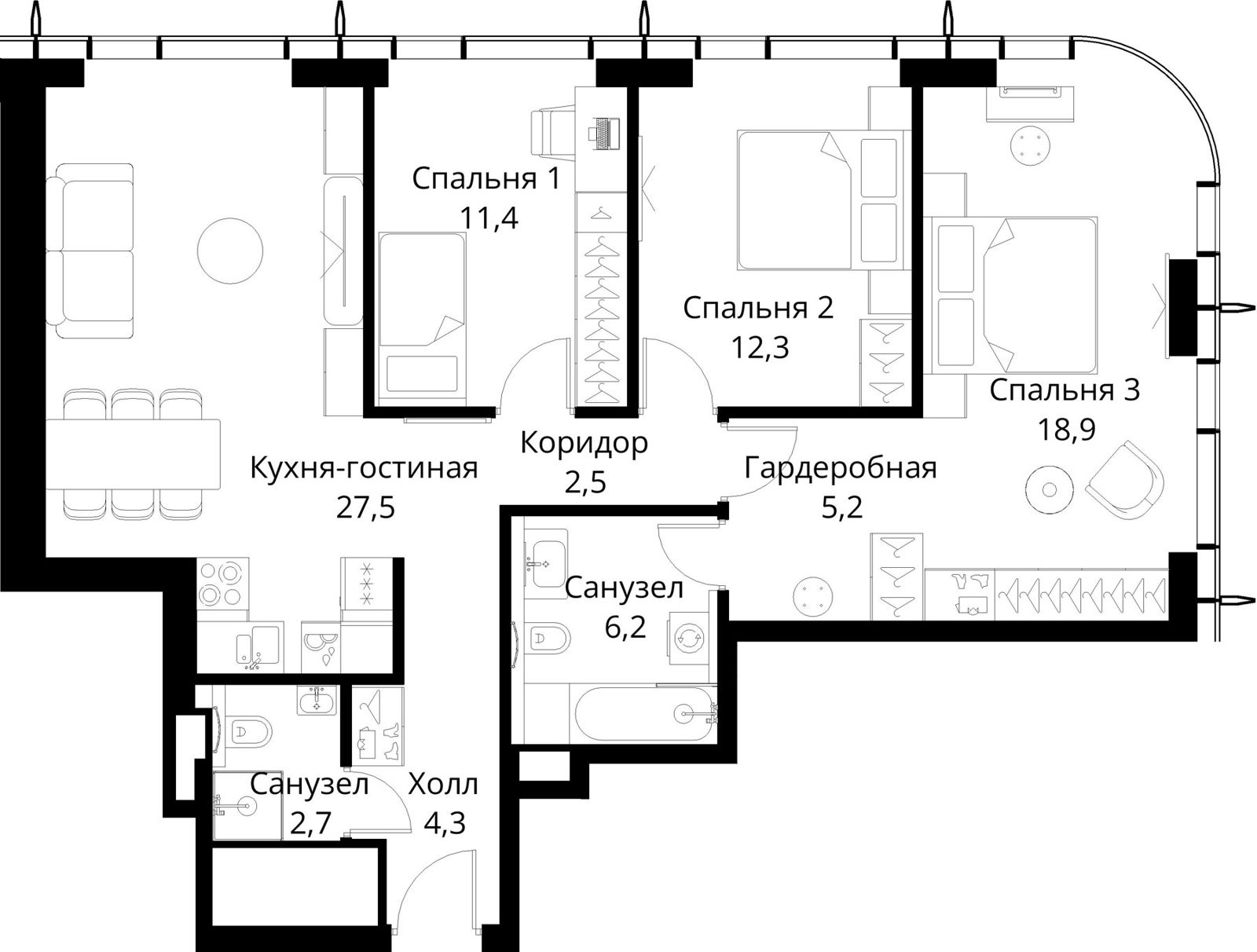 3-комнатная квартира, 91 м²