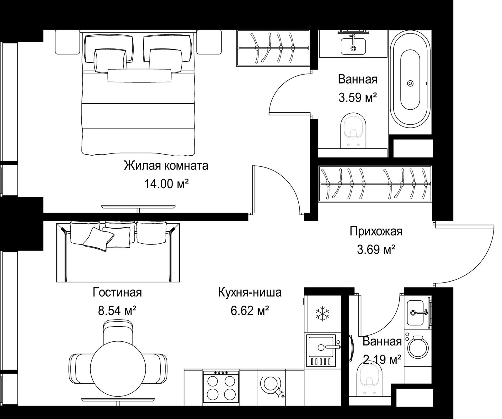 1-комнатная квартира, 38,6 м²
