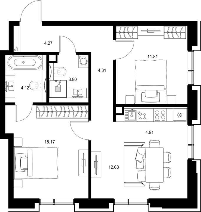 2-комнатная квартира, 61 м²