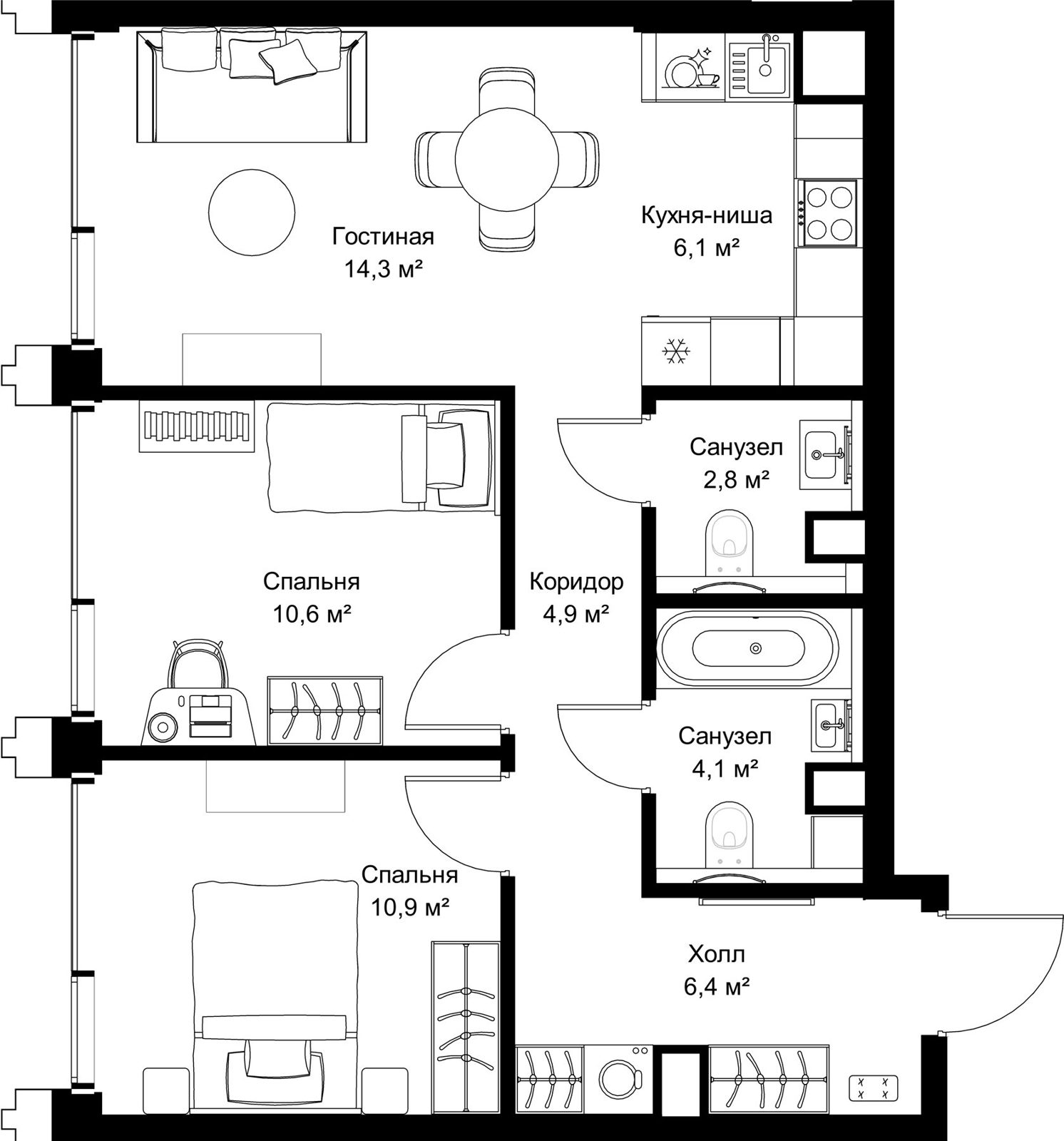 2-комнатная квартира, 60,1 м²