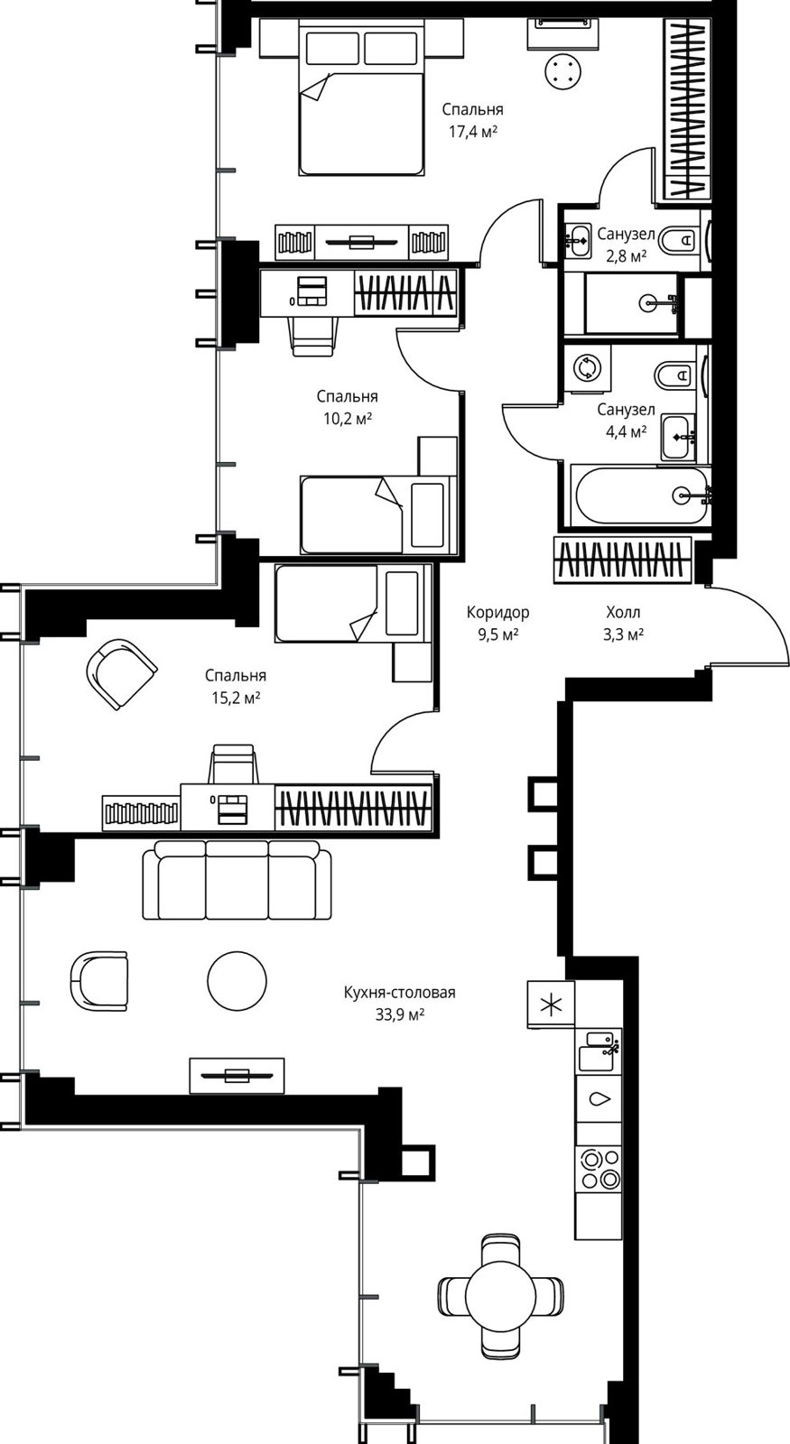 3-комнатная квартира, 96,7 м²