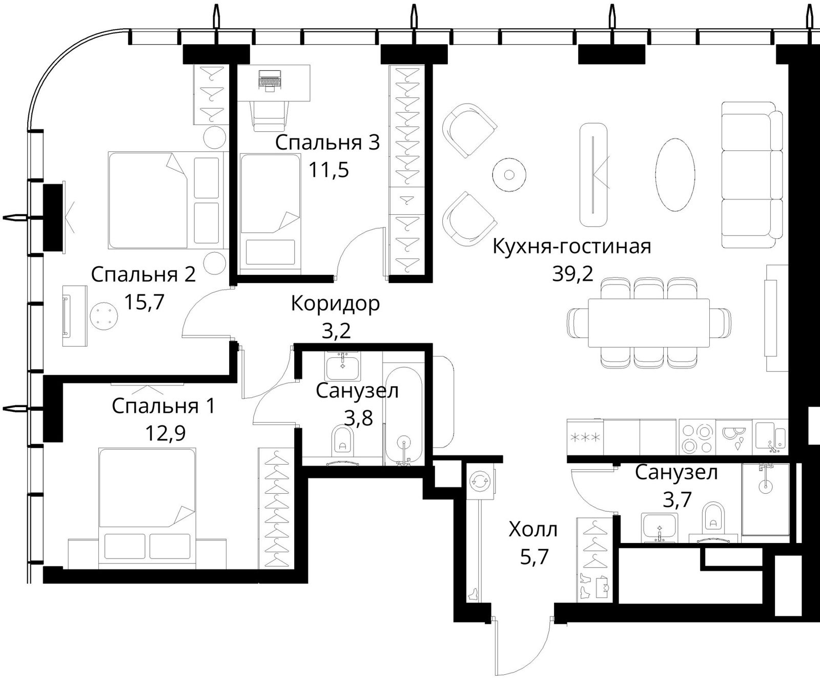 3-комнатная квартира, 95,7 м²