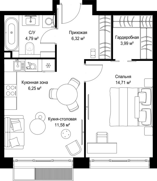 1-комнатная квартира, 47,6 м² — фото 1