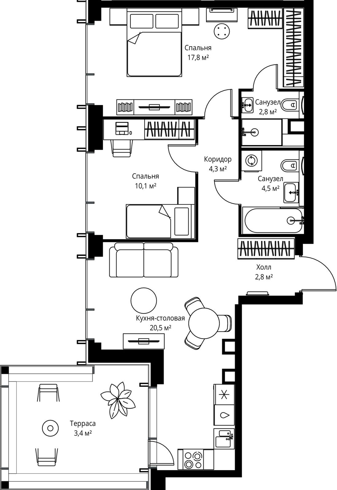 2-комнатная квартира, 66,2 м²