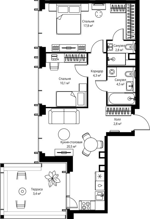 2-комнатная квартира, 66,2 м²