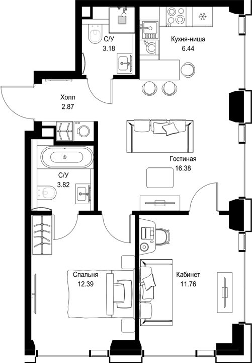 2-комнатная квартира, 56,8 м²