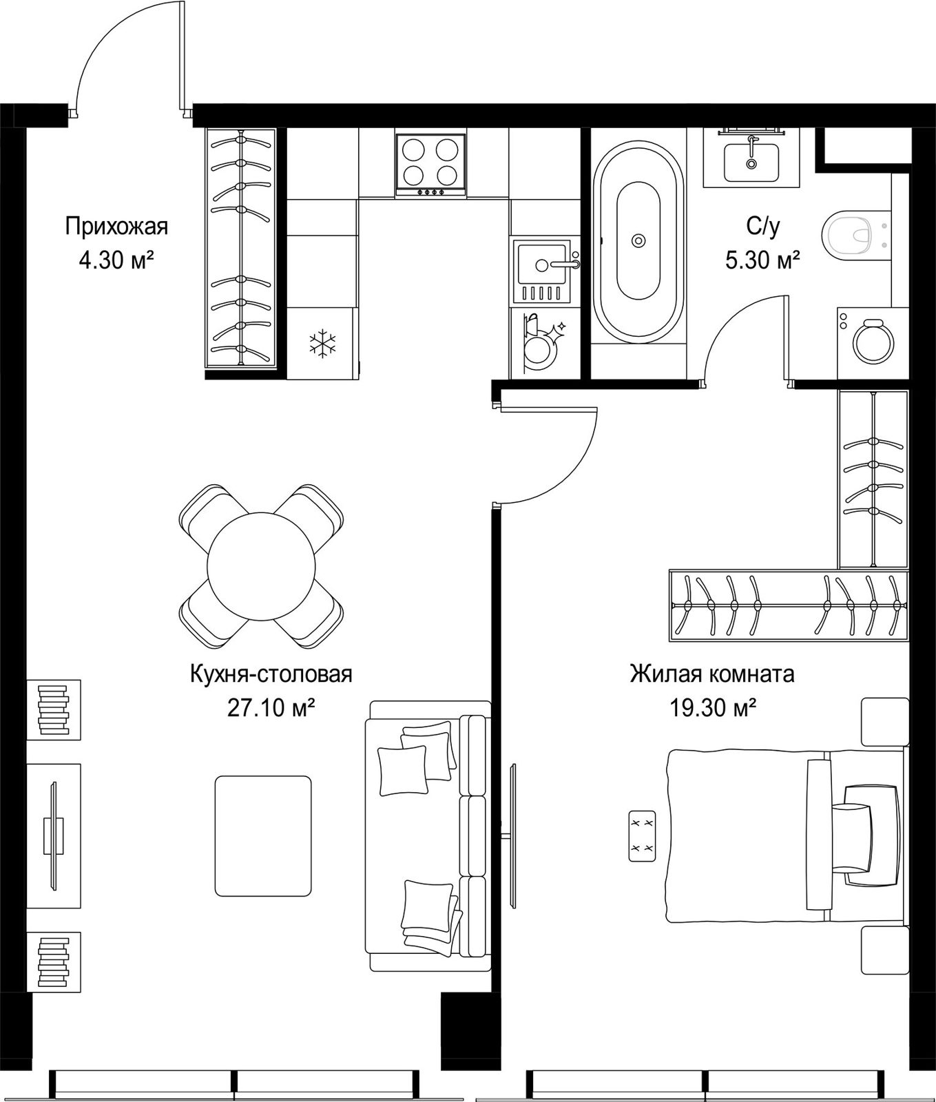 1-комнатная квартира, 56 м²