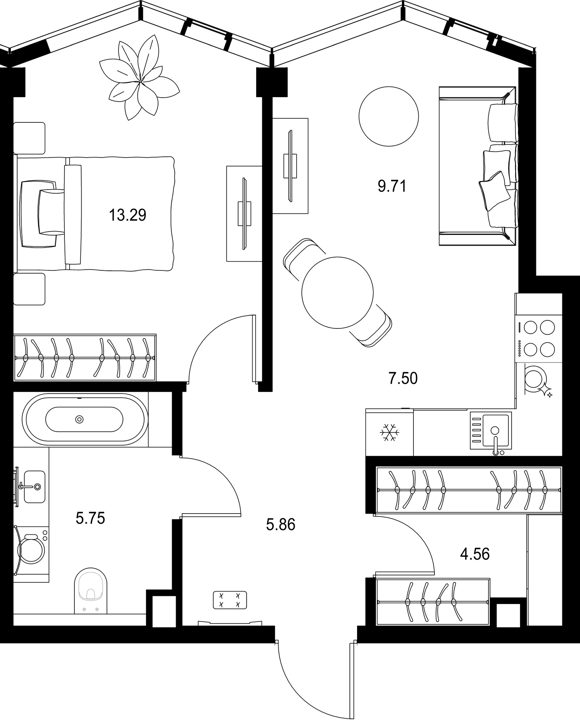 1-комнатная квартира, 46,7 м²