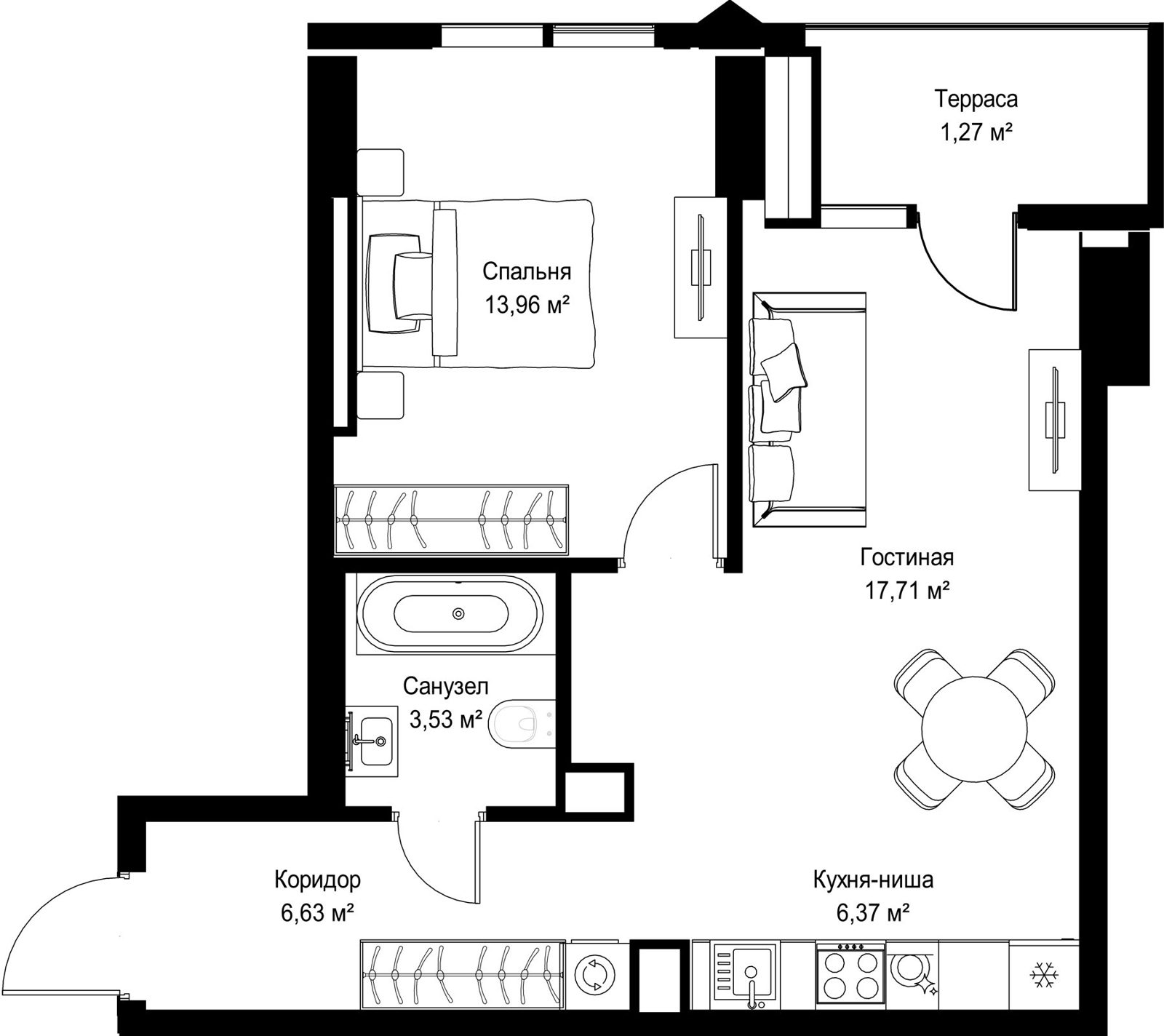 1-комнатная квартира, 49,5 м²