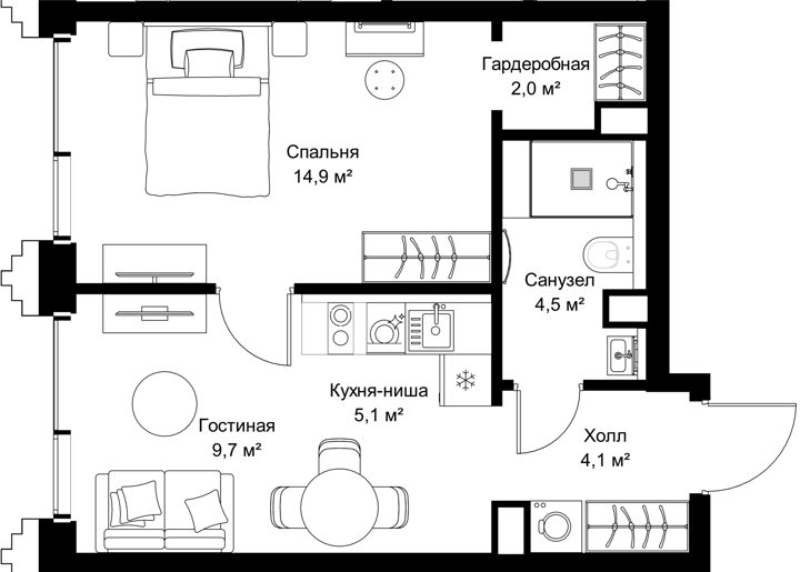 1-комнатная квартира, 40,3 м² — фото 1