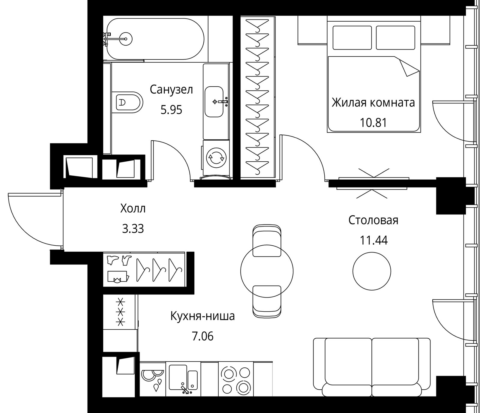 1-комнатная квартира, 38,6 м²