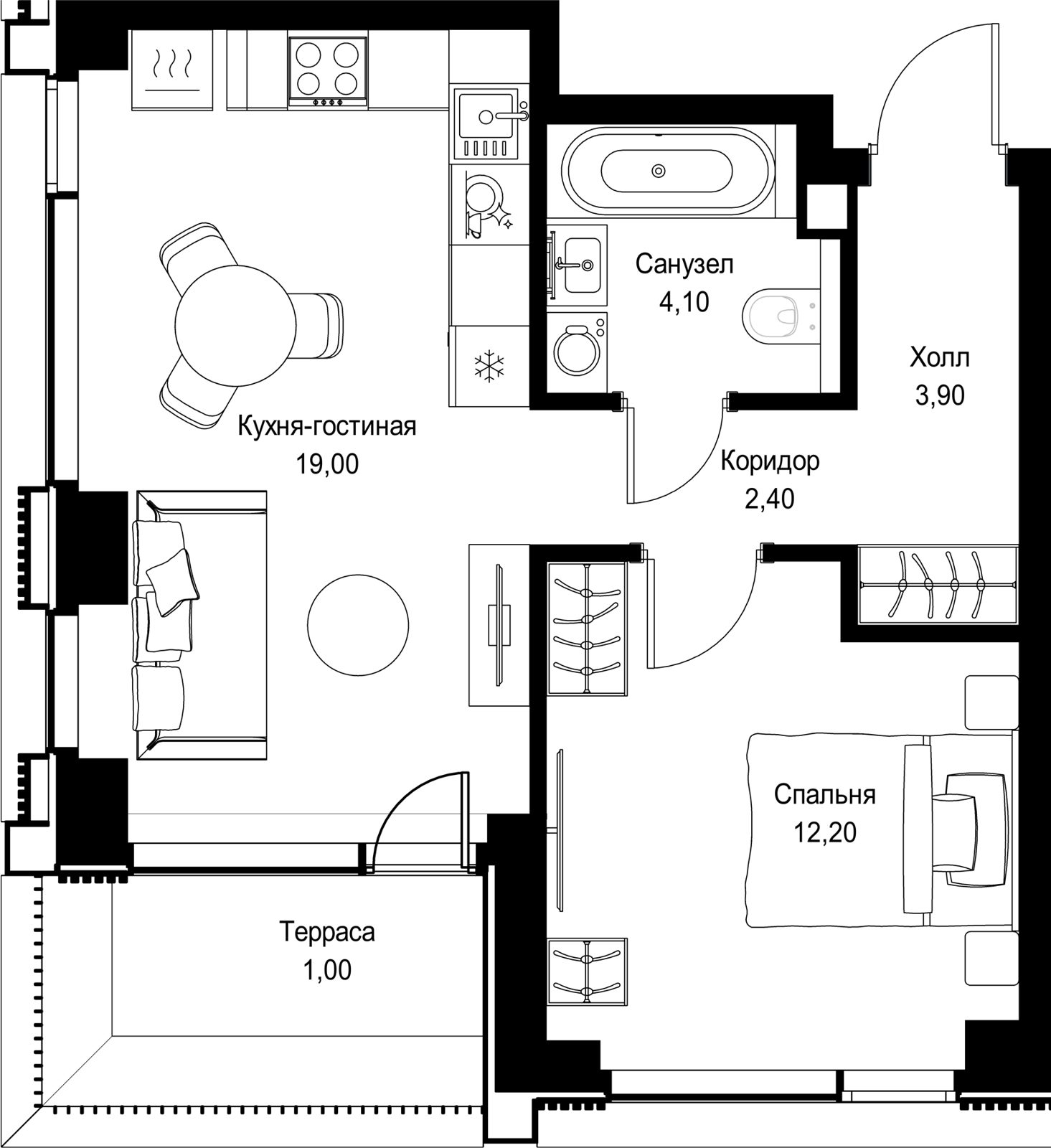 1-комнатная квартира, 42,6 м²