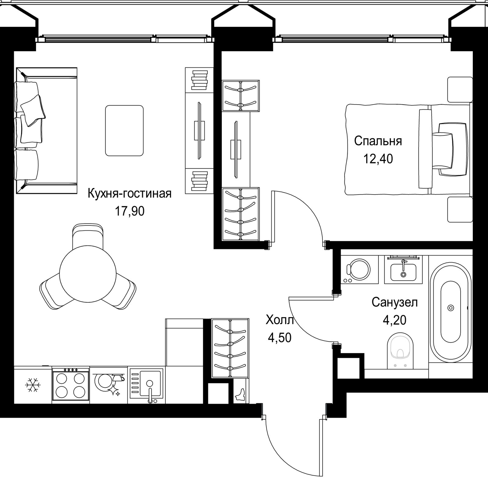 1-комнатная квартира, 39 м²