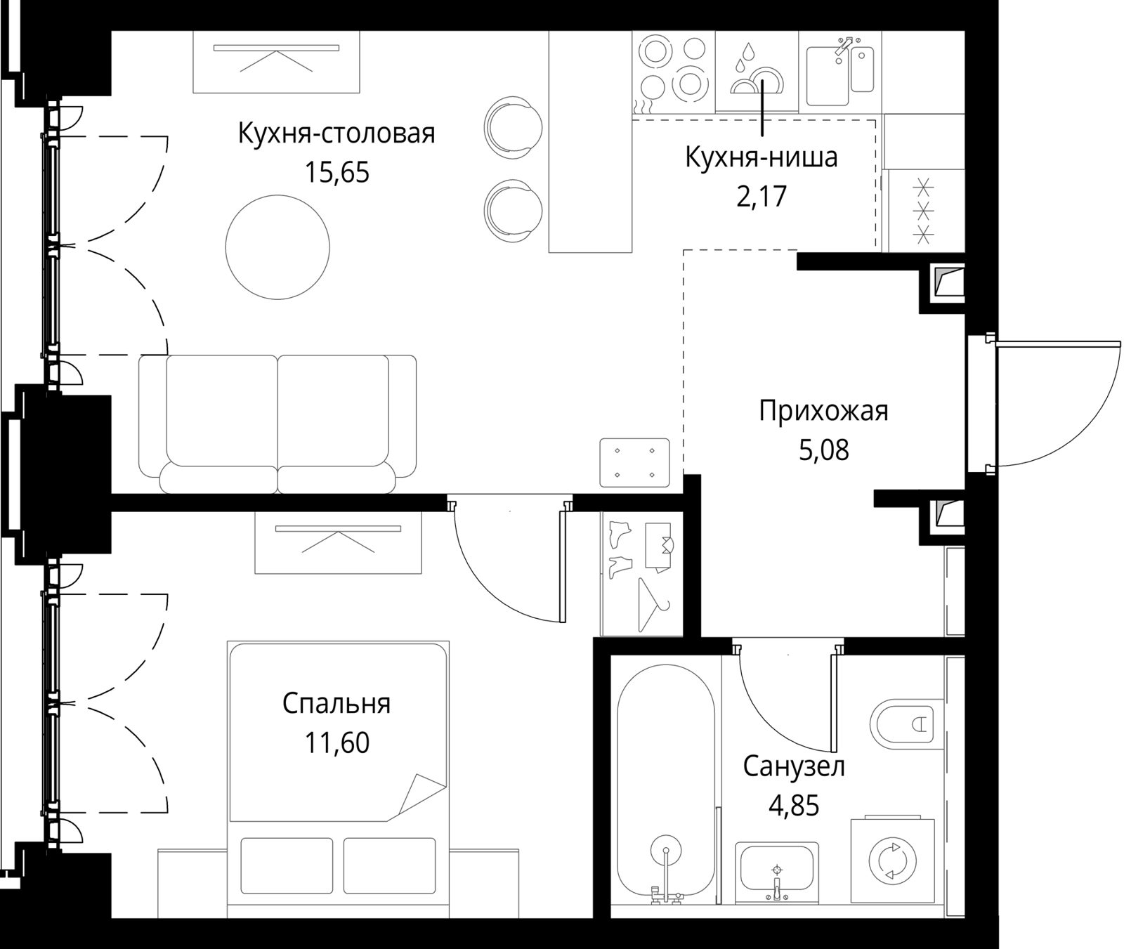 1-комнатная квартира, 39,4 м²
