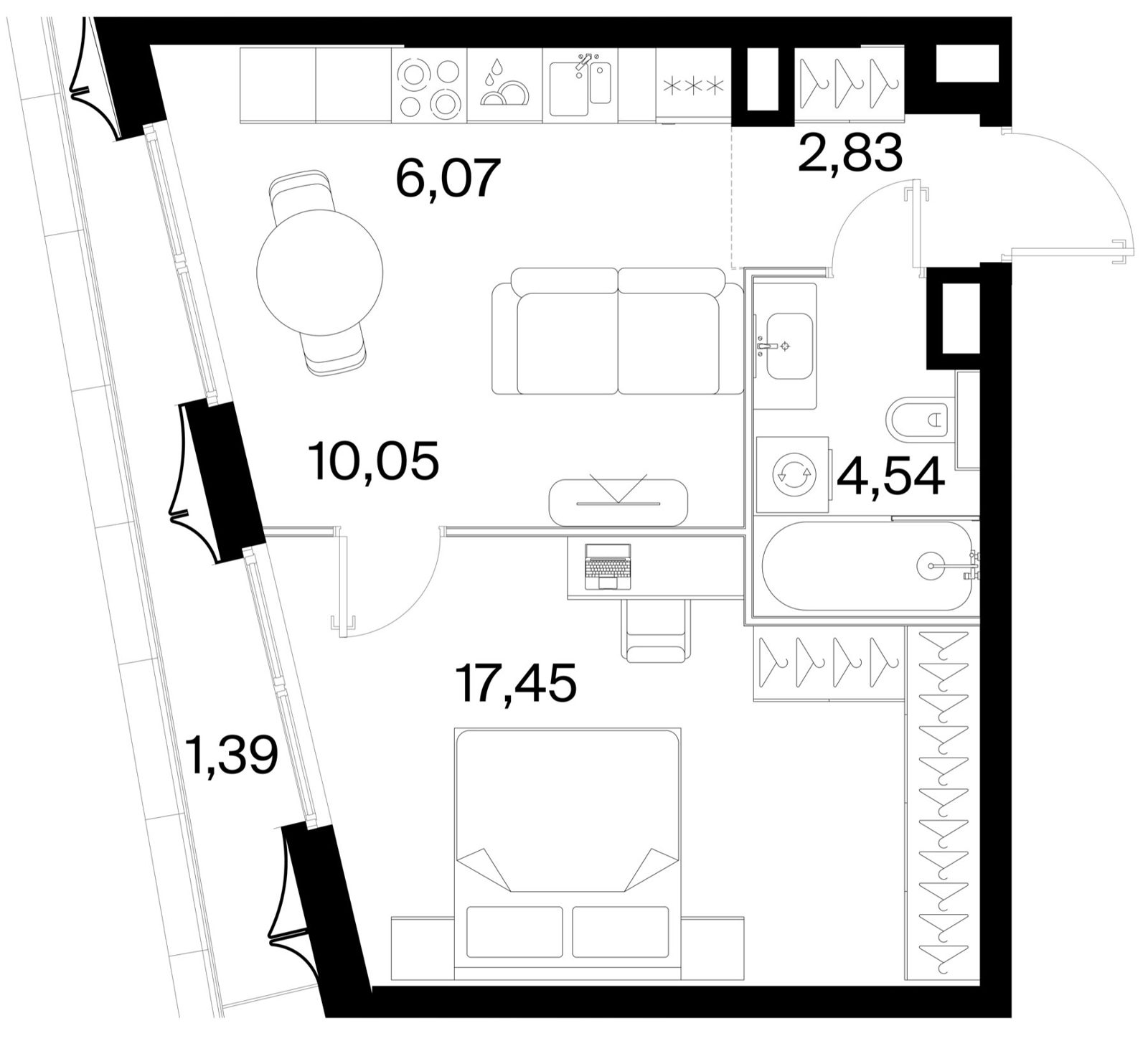 1-комнатная квартира, 42,3 м²