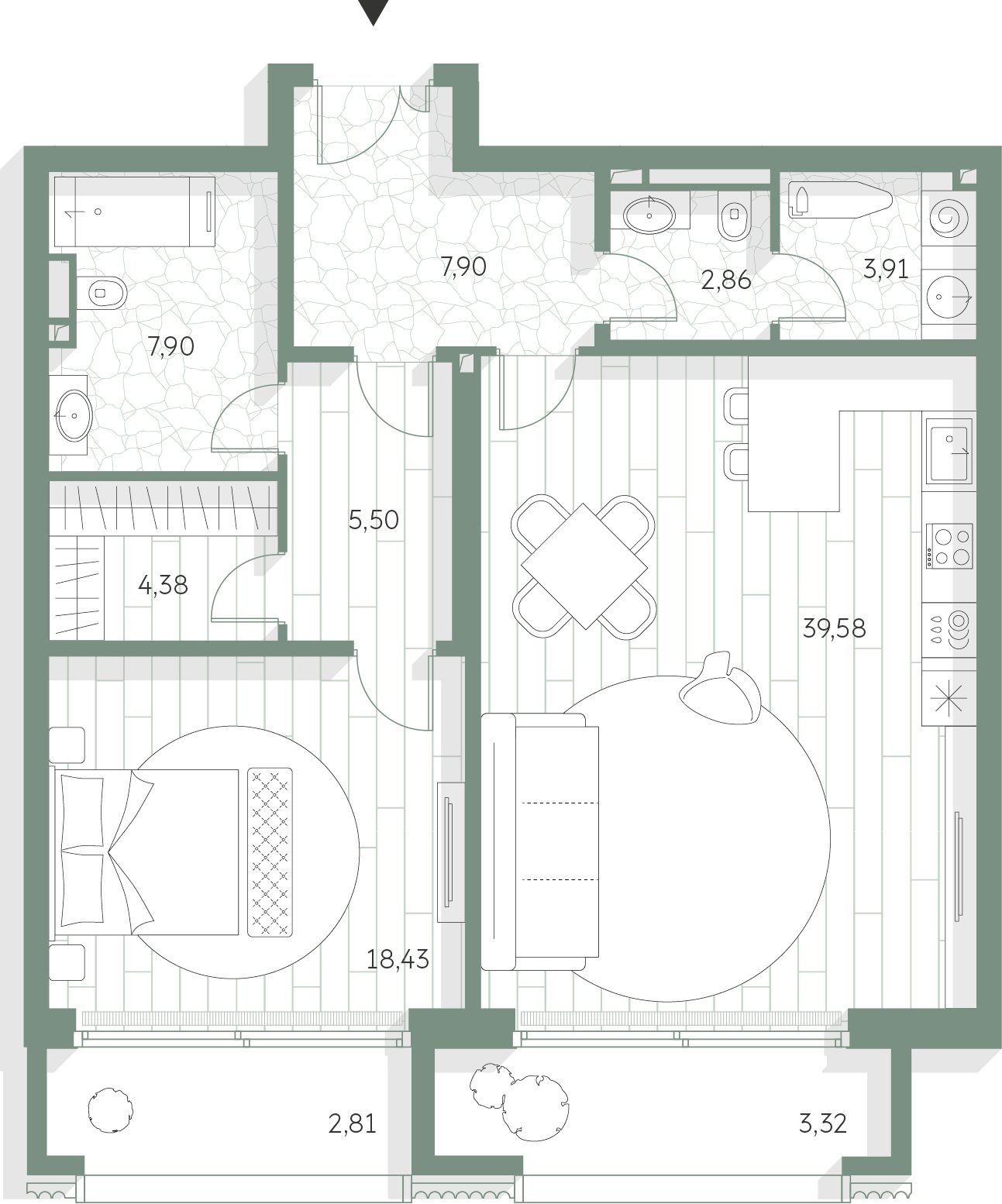 1-комнатная квартира, 96,6 м²