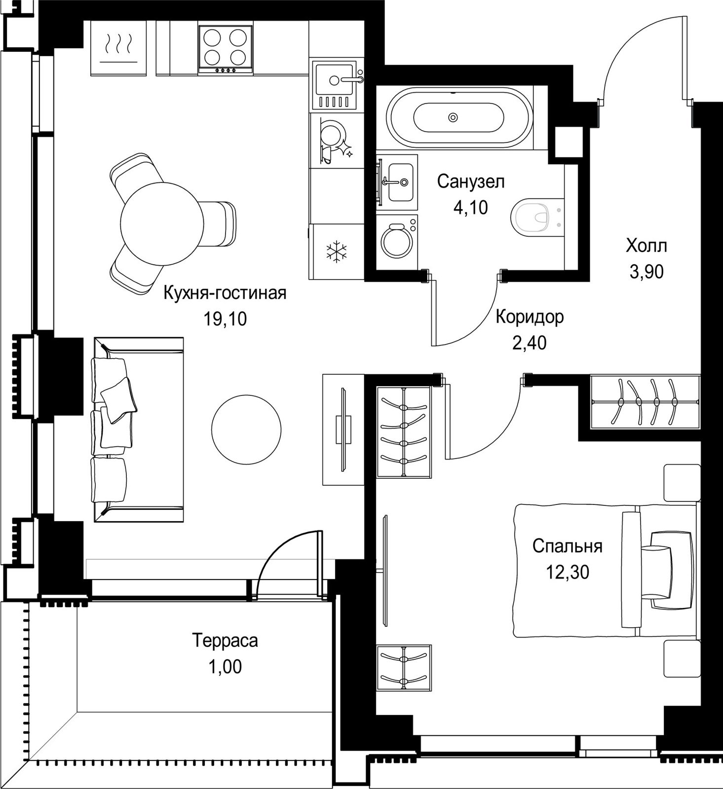 1-комнатная квартира, 42,8 м²
