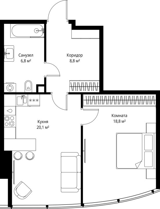 1-комнатная квартира, 54,5 м²