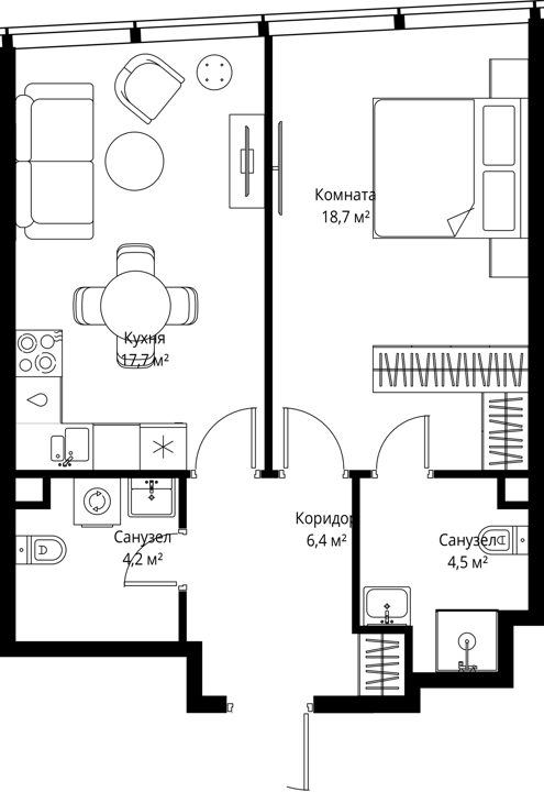 1-комнатная квартира, 51,5 м²