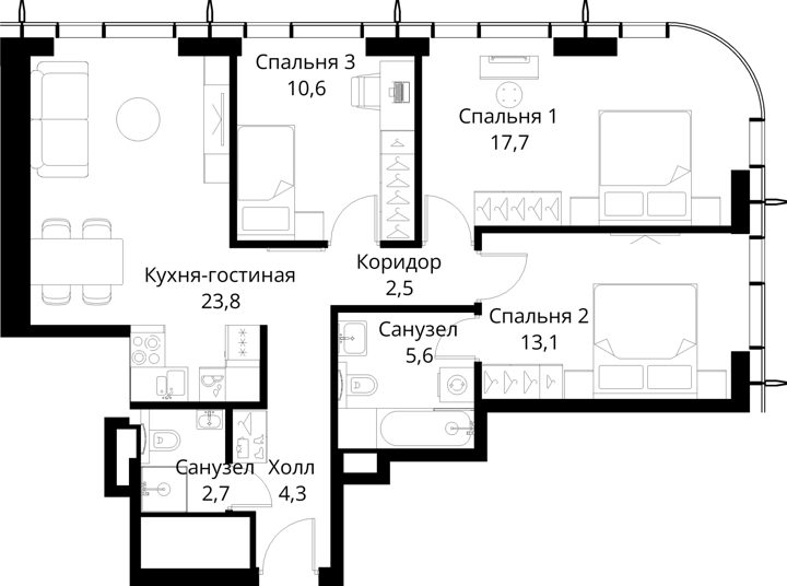 3-комнатная квартира, 80,3 м² — фото 1