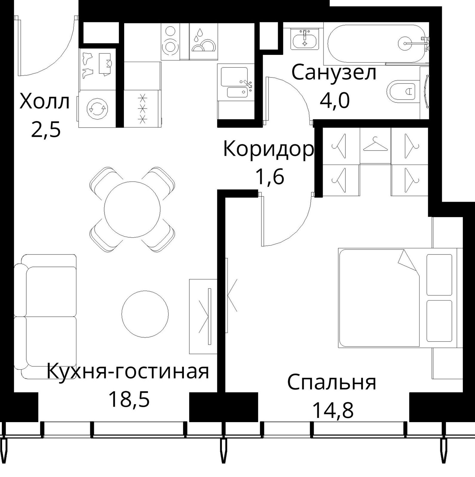1-комнатная квартира, 41,4 м²