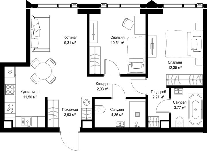 2-комнатная квартира, 61 м²