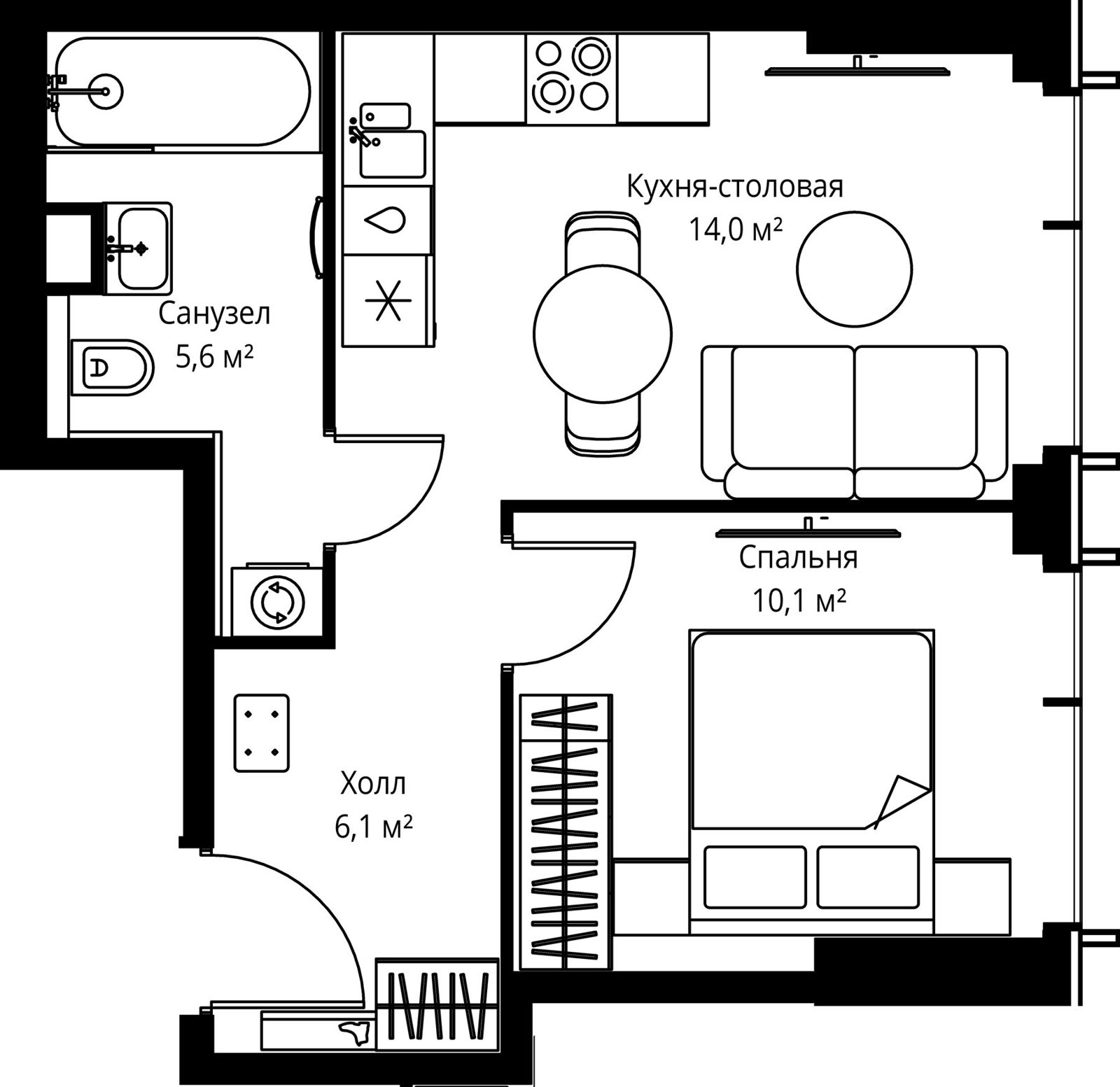 1-комнатная квартира, 35,8 м²