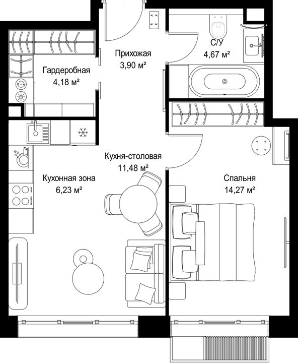 1-комнатная квартира, 44,7 м² — фото 1