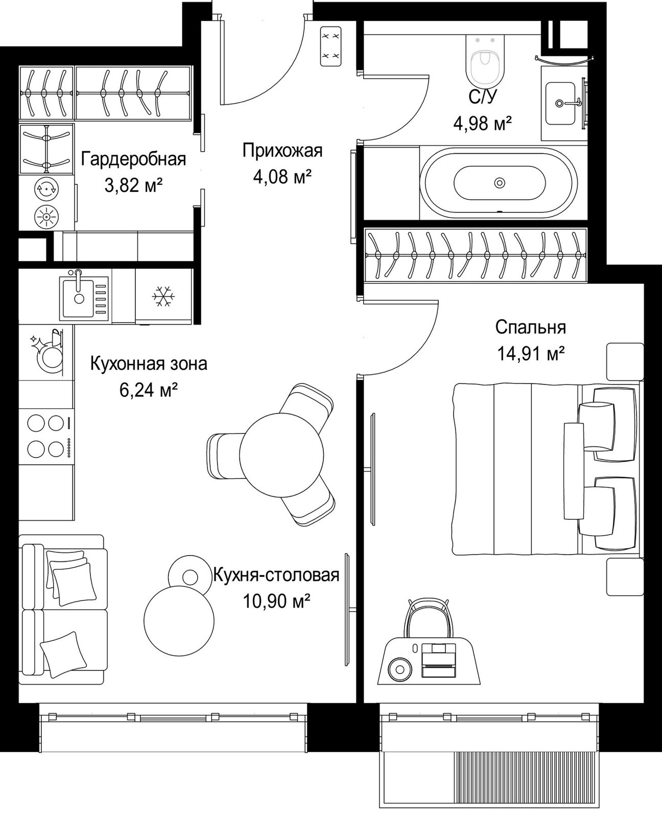 1-комнатная квартира, 44,9 м²