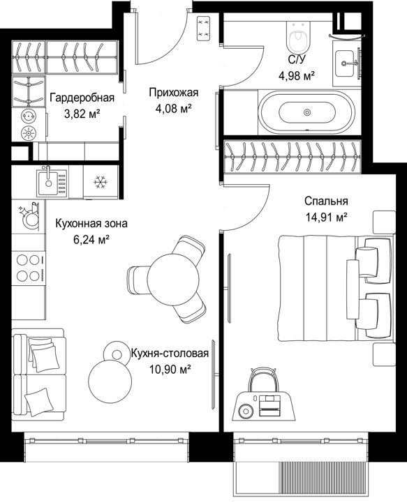 1-комнатная квартира, 44,9 м² — фото 1