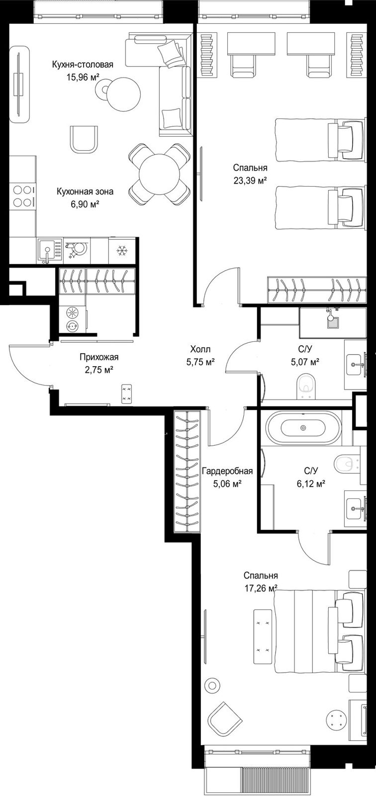 2-комнатная квартира, 91,3 м²