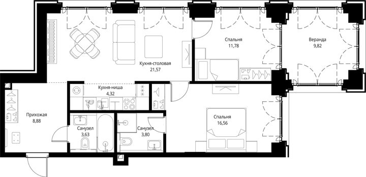 2-комнатная квартира, 80,4 м² — фото 1