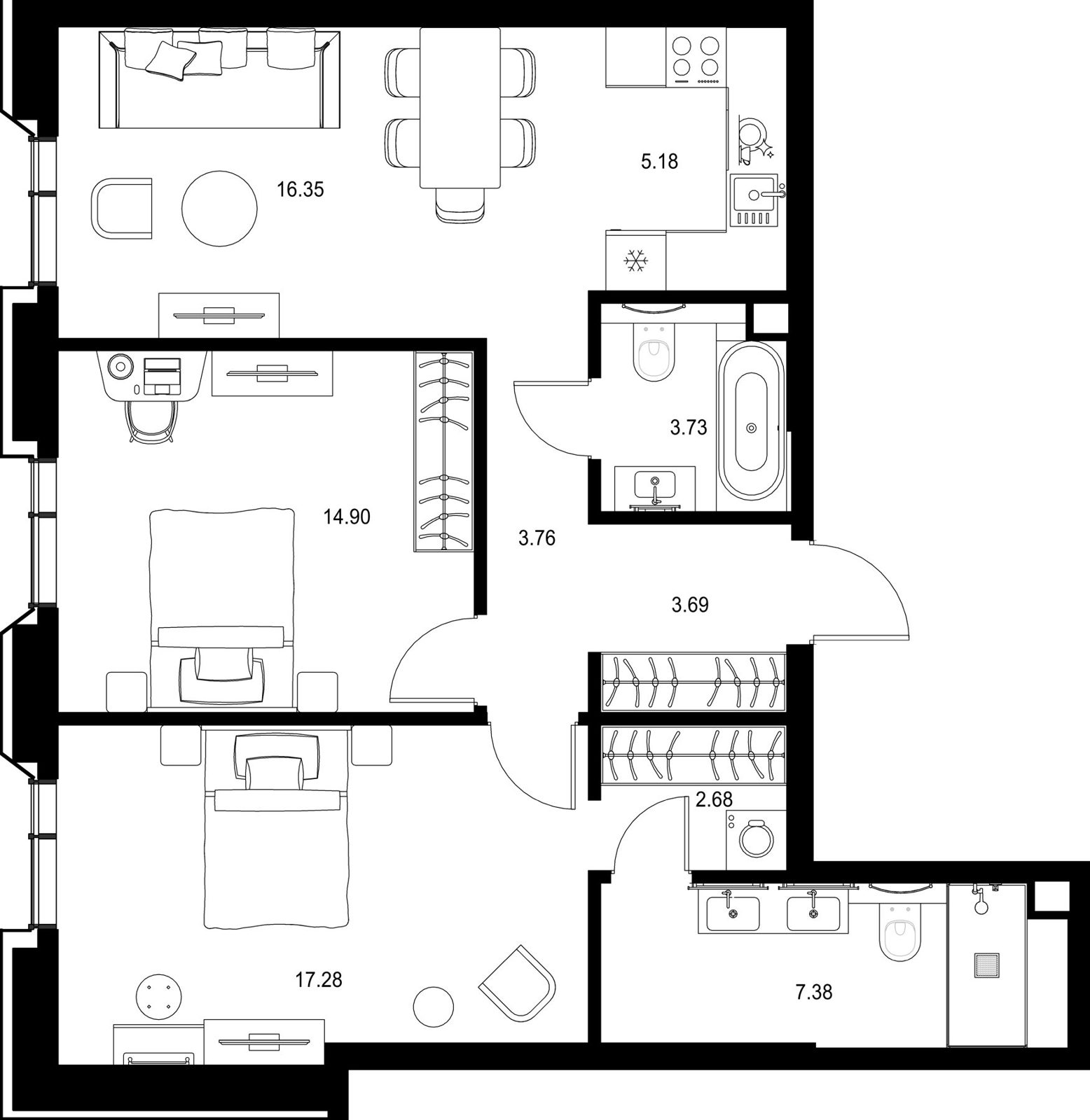 2-комнатная квартира, 75 м²