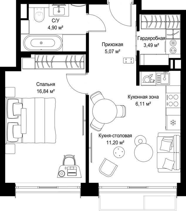 1-комнатная квартира, 47,6 м² — фото 1