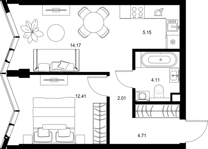 1-комнатная квартира, 42,6 м²