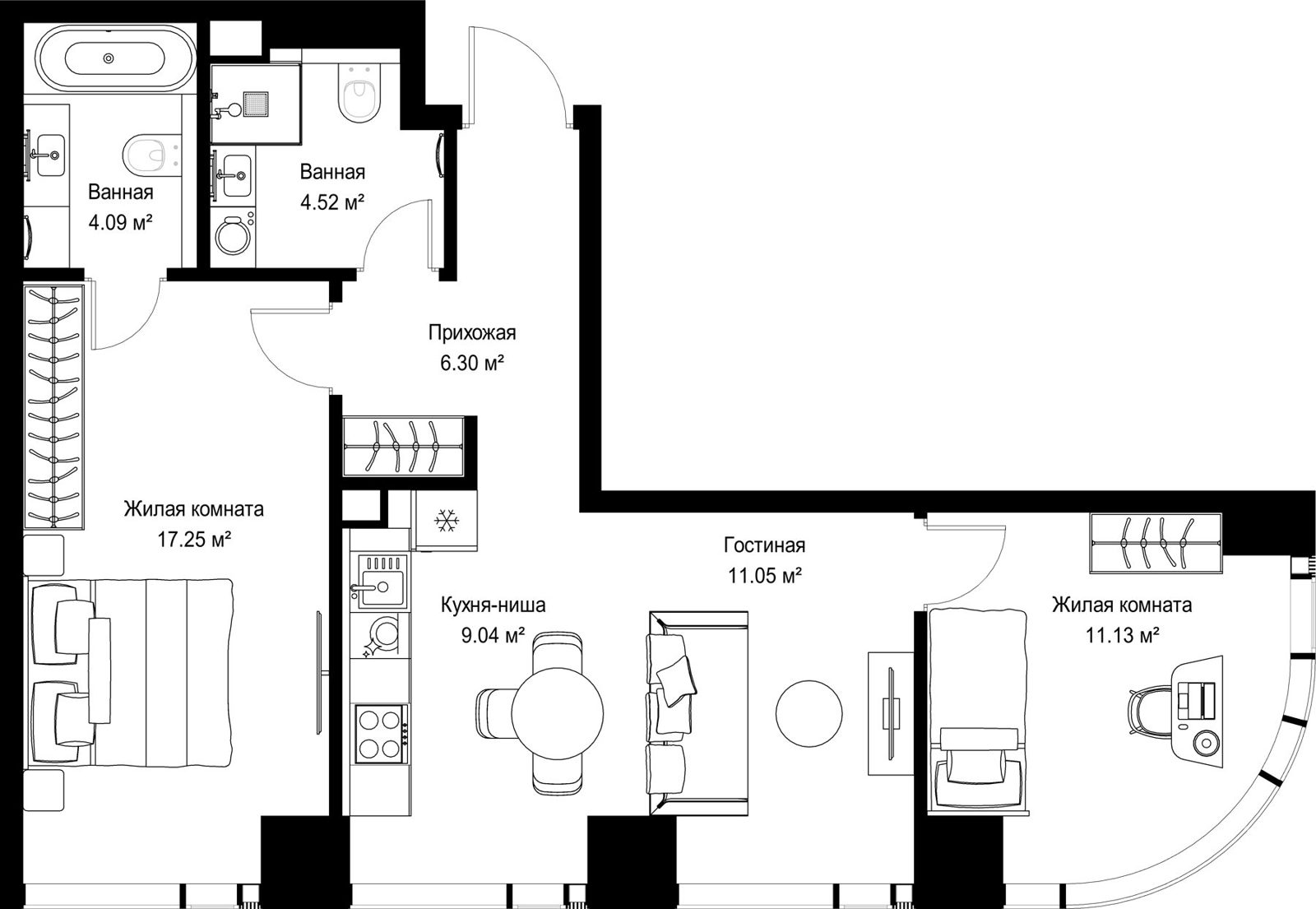 2-комнатная квартира, 63,4 м²