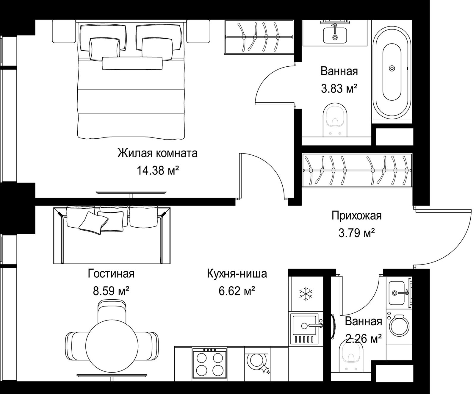 1-комнатная квартира, 39,5 м²